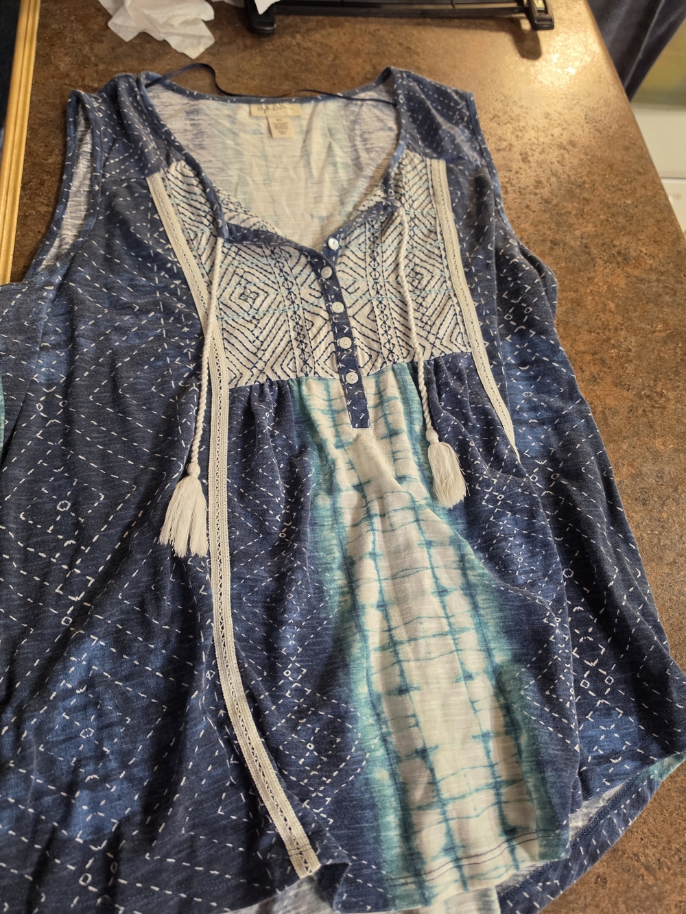 Style & Co. Navy Blue Embroidered Boho Sleeveless Tank with Tassels